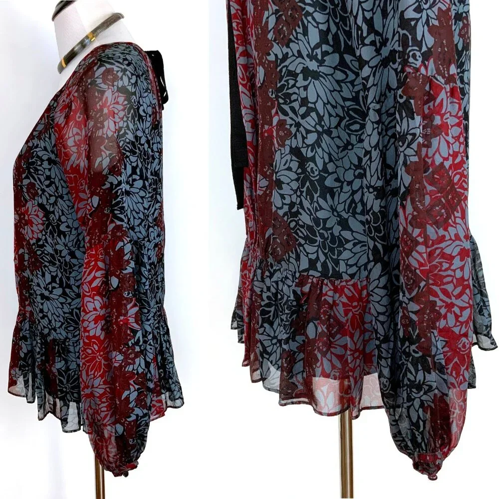 New Cinq a Sept Silk Chiffon Floral Tie Back Peplum Blouse Red Black Sz XS - Picture 8 of 16